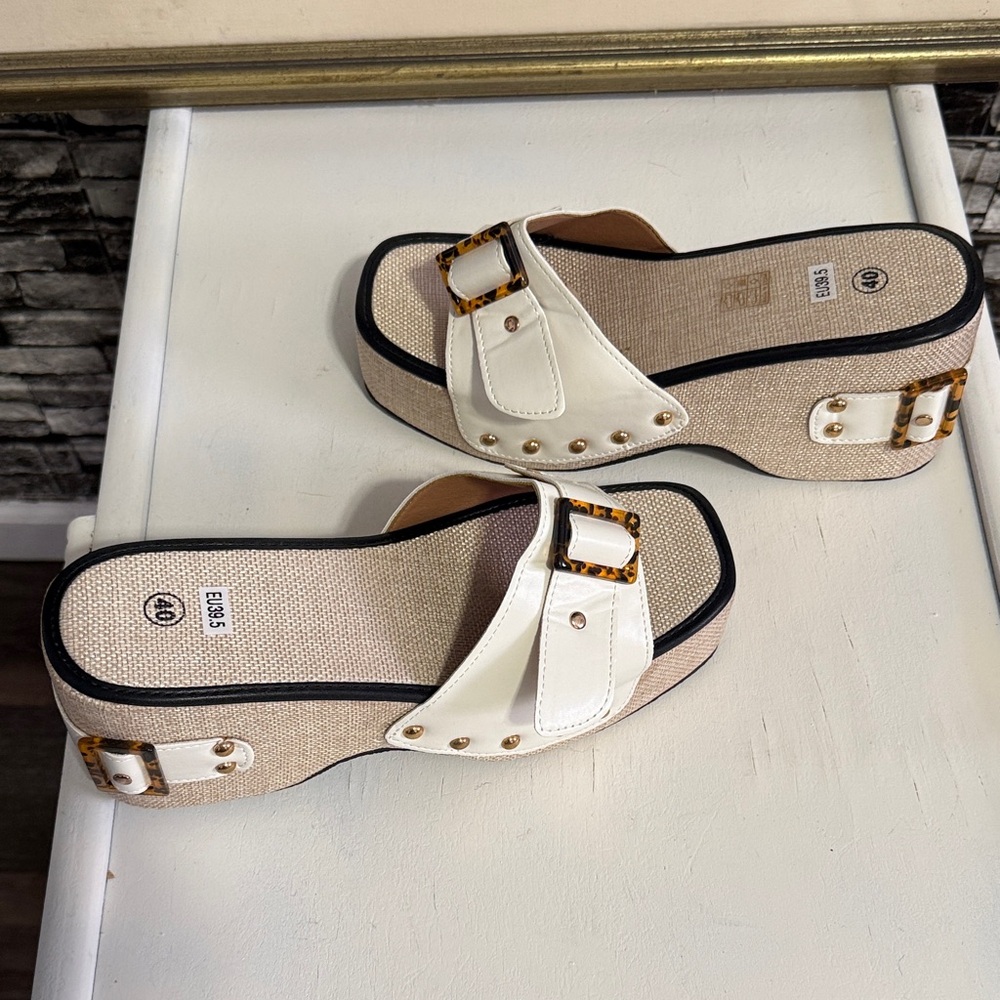 Stylish Women's White and Tan Sandals with buckle and studs on heels
